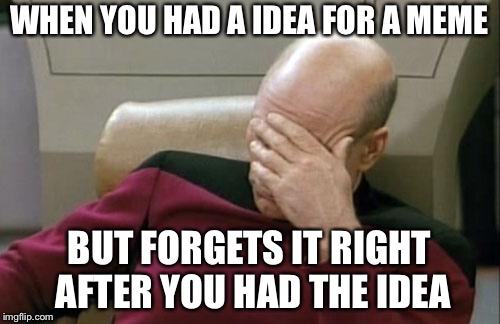 Captain Picard Facepalm | WHEN YOU HAD A IDEA FOR A MEME; BUT FORGETS IT RIGHT AFTER YOU HAD THE IDEA | image tagged in memes,captain picard facepalm | made w/ Imgflip meme maker