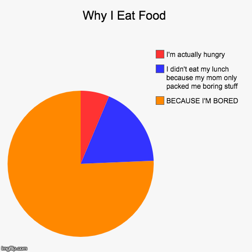 Why I Eat Food | BECAUSE I'M BORED, I didn't eat my lunch because my mom only packed me boring stuff, I'm actually hungry | image tagged in funny,pie charts | made w/ Imgflip chart maker