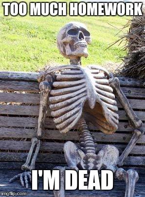 Waiting Skeleton Meme | TOO MUCH HOMEWORK; I'M DEAD | image tagged in memes,waiting skeleton | made w/ Imgflip meme maker