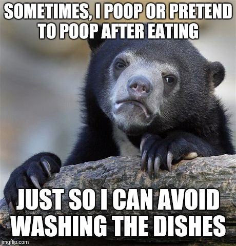 Confession Bear | SOMETIMES, I POOP OR PRETEND TO POOP AFTER EATING; JUST SO I CAN AVOID WASHING THE DISHES | image tagged in memes,confession bear | made w/ Imgflip meme maker