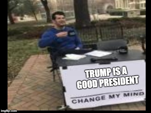 TRUMP IS A GOOD PRESIDENT | image tagged in change my mind | made w/ Imgflip meme maker