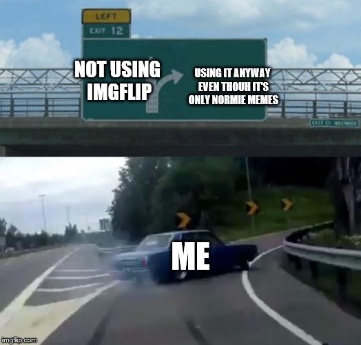 Left Exit 12 Off Ramp Meme | NOT USING IMGFLIP; USING IT ANYWAY EVEN THOUH IT'S ONLY NORMIE MEMES; ME | image tagged in memes,left exit 12 off ramp | made w/ Imgflip meme maker