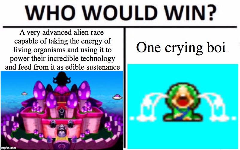 Complex Enemies with Simple Weaknesses | A very advanced alien race capable of taking the energy of living organisms and using it to power their incredible technology and feed from it as edible sustenance; One crying boi | image tagged in memes,funny,crying baby,sad baby,aliens,tears | made w/ Imgflip meme maker