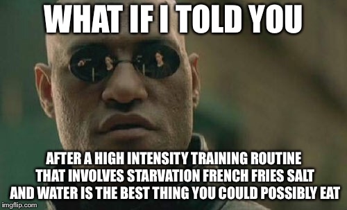 Matrix Morpheus Meme | WHAT IF I TOLD YOU AFTER A HIGH INTENSITY TRAINING ROUTINE THAT INVOLVES STARVATION FRENCH FRIES SALT AND WATER IS THE BEST THING YOU COULD  | image tagged in memes,matrix morpheus | made w/ Imgflip meme maker