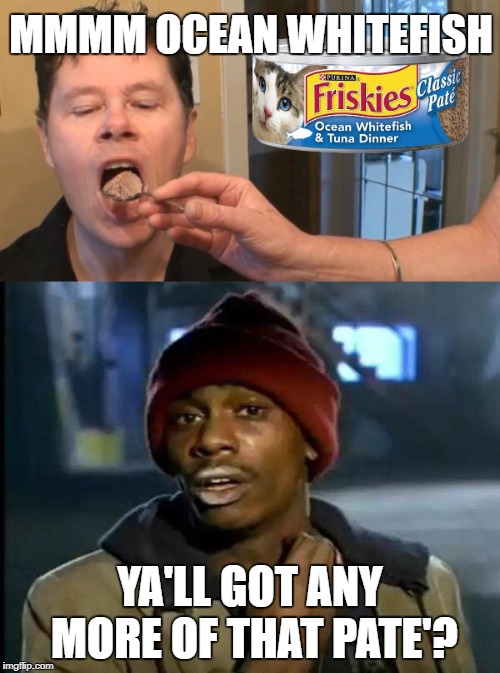 Five Minute Meals | MMMM OCEAN WHITEFISH; YA'LL GOT ANY MORE OF THAT PATE'? | image tagged in funny memes,catfood,dave chappelle,budget cuts | made w/ Imgflip meme maker