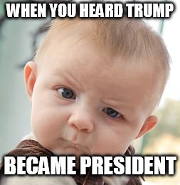 Skeptical Baby | WHEN YOU HEARD TRUMP; BECAME PRESIDENT | image tagged in memes,skeptical baby | made w/ Imgflip meme maker