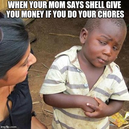 Third World Skeptical Kid Meme | WHEN YOUR MOM SAYS SHELL GIVE YOU MONEY IF YOU DO YOUR CHORES | image tagged in memes,third world skeptical kid | made w/ Imgflip meme maker