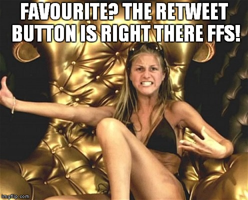 First World Problems Nikki | FAVOURITE? THE RETWEET BUTTON IS RIGHT THERE FFS! | image tagged in first world problems nikki,first world problems,twitter,favourite,retweet,big brother | made w/ Imgflip meme maker