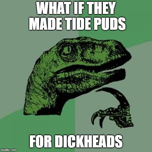 Tide Puds | WHAT IF THEY MADE TIDE PUDS; FOR DICKHEADS | image tagged in philosoraptor,tide pods,dickheads | made w/ Imgflip meme maker