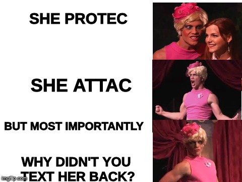 Umbridge | SHE PROTEC; SHE ATTAC; BUT MOST IMPORTANTLY; WHY DIDN'T YOU TEXT HER BACK? | image tagged in blank white template | made w/ Imgflip meme maker