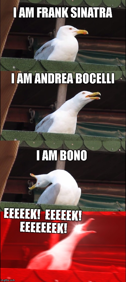 Inhaling Seagull Meme | I AM FRANK SINATRA; I AM ANDREA BOCELLI; I AM BONO; EEEEEK!  EEEEEK! EEEEEEEK! | image tagged in memes,inhaling seagull | made w/ Imgflip meme maker