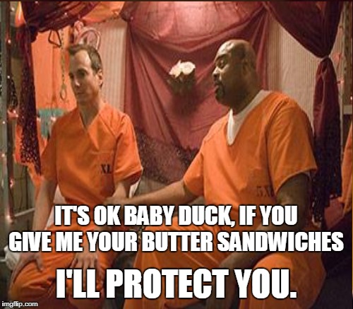 IT'S OK BABY DUCK, IF YOU GIVE ME YOUR BUTTER SANDWICHES I'LL PROTECT YOU. | made w/ Imgflip meme maker