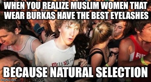 WHEN YOU REALIZE MUSLIM WOMEN THAT WEAR BURKAS HAVE THE BEST EYELASHES BECAUSE NATURAL SELECTION | made w/ Imgflip meme maker
