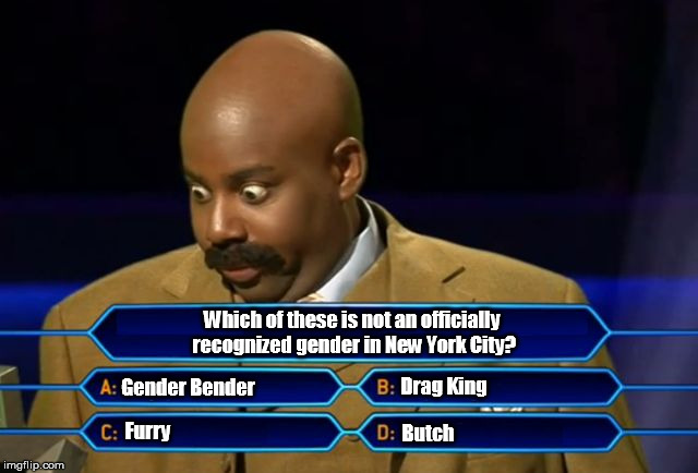 Can you guess the answer?  Yes, there is an answer. | Which of these is not an officially recognized gender in New York City? Gender Bender; Drag King; Furry; Butch | image tagged in steve harvey millionaire,genders,who wants to be a millionaire,steve harvey | made w/ Imgflip meme maker