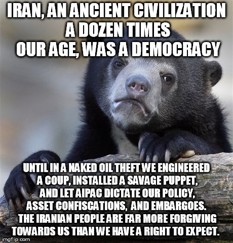 Confession Bear Meme | IRAN, AN ANCIENT CIVILIZATION A DOZEN TIMES OUR AGE, WAS A DEMOCRACY UNTIL IN A NAKED OIL THEFT WE ENGINEERED A COUP, INSTALLED A SAVAGE PUP | image tagged in memes,confession bear | made w/ Imgflip meme maker