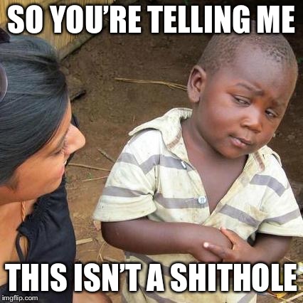 Third World Skeptical Kid Meme | SO YOU’RE TELLING ME; THIS ISN’T A SHITHOLE | image tagged in memes,third world skeptical kid | made w/ Imgflip meme maker