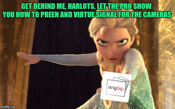 GET BEHIND ME, HARLOTS, LET THE PRO SHOW YOU HOW TO PREEN AND VIRTUE SIGNAL FOR THE CAMERAS | made w/ Imgflip meme maker