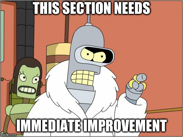 Bender Meme | THIS SECTION NEEDS; IMMEDIATE IMPROVEMENT | image tagged in memes,bender | made w/ Imgflip meme maker