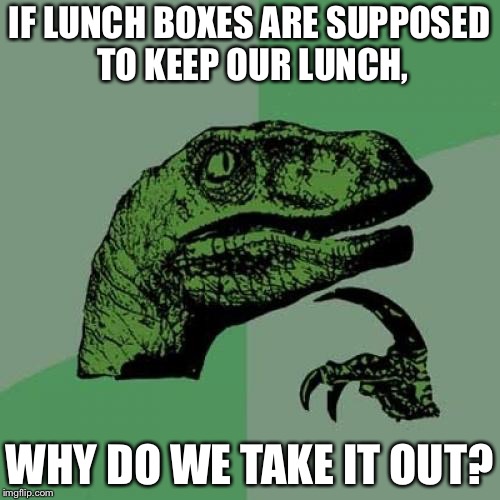 Philosoraptor Meme | IF LUNCH BOXES ARE SUPPOSED TO KEEP OUR LUNCH, WHY DO WE TAKE IT OUT? | image tagged in memes,philosoraptor | made w/ Imgflip meme maker
