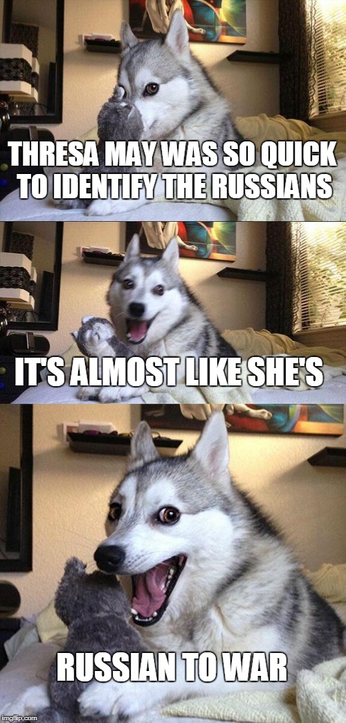 Bad Pun Dog Meme | THRESA MAY WAS SO QUICK TO IDENTIFY THE RUSSIANS; IT'S ALMOST LIKE SHE'S; RUSSIAN TO WAR | image tagged in memes,bad pun dog | made w/ Imgflip meme maker