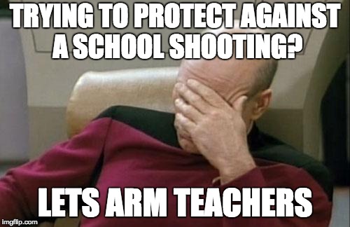 Captain Picard Facepalm | TRYING TO PROTECT AGAINST A SCHOOL SHOOTING? LETS ARM TEACHERS | image tagged in memes,captain picard facepalm | made w/ Imgflip meme maker