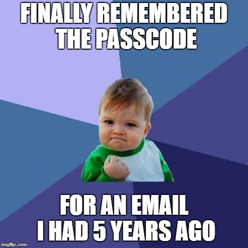 Success Kid Meme | FINALLY REMEMBERED THE PASSCODE; FOR AN EMAIL I HAD 5 YEARS AGO | image tagged in memes,success kid | made w/ Imgflip meme maker
