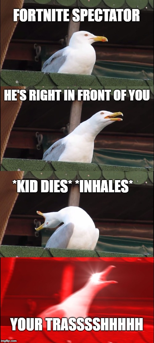 Inhaling Seagull | FORTNITE SPECTATOR; HE'S RIGHT IN FRONT OF YOU; *KID DIES* *INHALES*; YOUR TRASSSSHHHHH | image tagged in memes,inhaling seagull | made w/ Imgflip meme maker