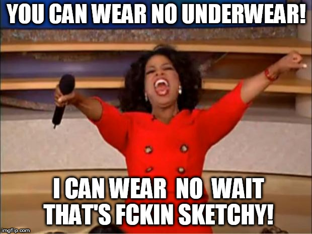 Oprah You Get A Meme | YOU CAN WEAR NO UNDERWEAR! I CAN WEAR  NO  WAIT THAT'S FCKIN SKETCHY! | image tagged in memes,oprah you get a | made w/ Imgflip meme maker