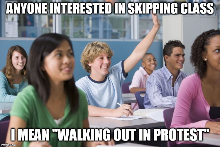 Hand Raised Student | ANYONE INTERESTED IN SKIPPING CLASS; I MEAN "WALKING OUT IN PROTEST" | image tagged in hand raised student | made w/ Imgflip meme maker
