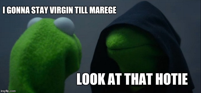 Evil Kermit | I GONNA STAY VIRGIN TILL MAREGE; LOOK AT THAT HOTIE | image tagged in memes,evil kermit | made w/ Imgflip meme maker