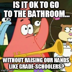 No Patrick Meme | IS IT OK TO GO TO THE BATHROOM... WITHOUT RAISING OUR HANDS LIKE GRADE-SCHOOLERS? | image tagged in memes,no patrick | made w/ Imgflip meme maker