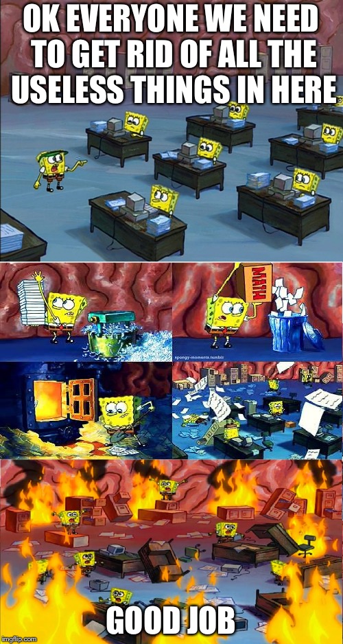 spongbob brain on fire | OK EVERYONE WE NEED TO GET RID OF ALL THE USELESS THINGS IN HERE; GOOD JOB | image tagged in spongbob brain on fire | made w/ Imgflip meme maker