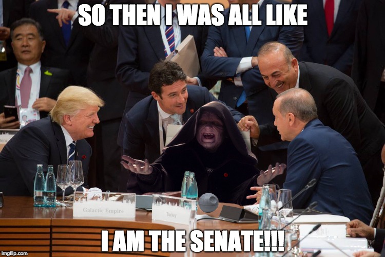 Funny Guy Palpatine | SO THEN I WAS ALL LIKE; I AM THE SENATE!!! | image tagged in funny guy palpatine | made w/ Imgflip meme maker