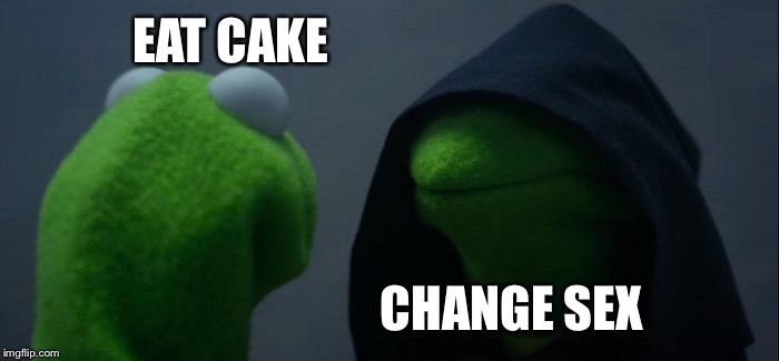 Evil Kermit Meme | EAT CAKE CHANGE SEX | image tagged in memes,evil kermit | made w/ Imgflip meme maker