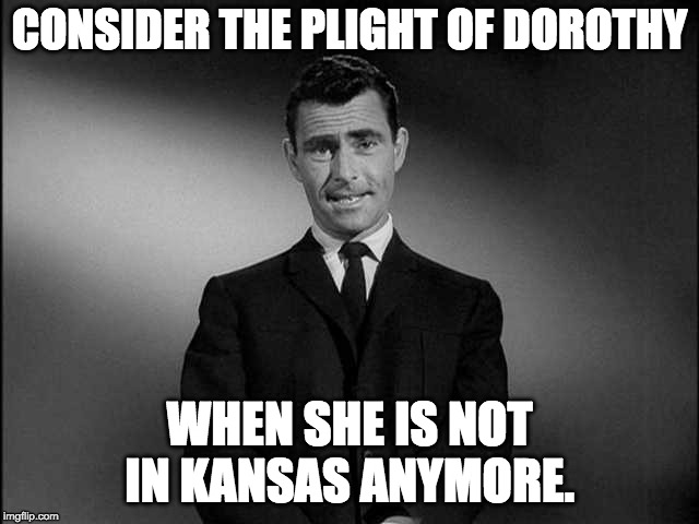 Imagine, if you will... | CONSIDER THE PLIGHT OF DOROTHY; WHEN SHE IS NOT IN KANSAS ANYMORE. | image tagged in imagine if you will... | made w/ Imgflip meme maker
