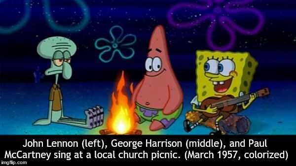 John Lennon (left), George Harrison (middle), and Paul McCartney sing at a local church picnic. (March 1957, colorized) | image tagged in the beatles | made w/ Imgflip meme maker