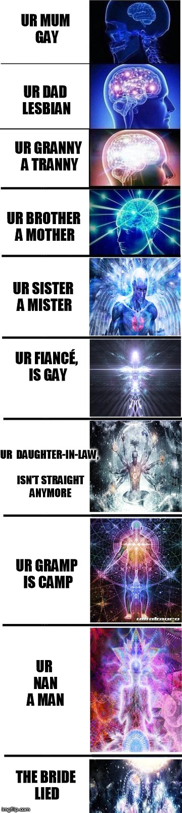 expanding brain | UR MUM GAY; UR DAD LESBIAN; UR GRANNY A TRANNY; UR BROTHER A MOTHER; UR SISTER A MISTER; UR FIANCÉ, IS GAY; UR 
DAUGHTER-IN-LAW, ISN'T STRAIGHT ANYMORE; UR GRAMP IS CAMP; UR NAN A MAN; THE BRIDE LIED | image tagged in expanding brain | made w/ Imgflip meme maker