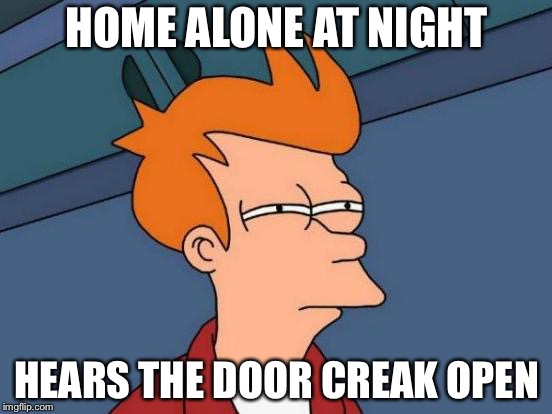 Futurama Fry | HOME ALONE AT NIGHT; HEARS THE DOOR CREAK OPEN | image tagged in memes,futurama fry | made w/ Imgflip meme maker