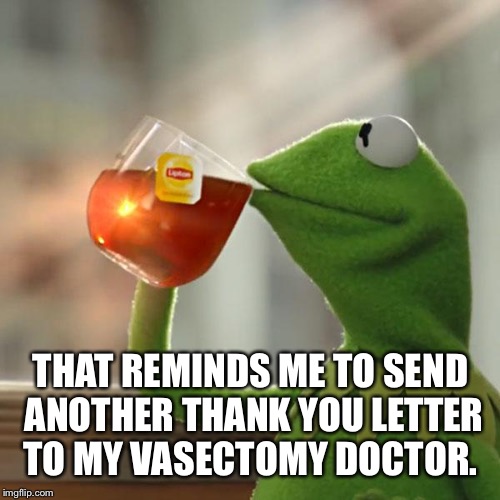 But That's None Of My Business Meme | THAT REMINDS ME TO SEND ANOTHER THANK YOU LETTER TO MY VASECTOMY DOCTOR. | image tagged in memes,but thats none of my business,kermit the frog | made w/ Imgflip meme maker
