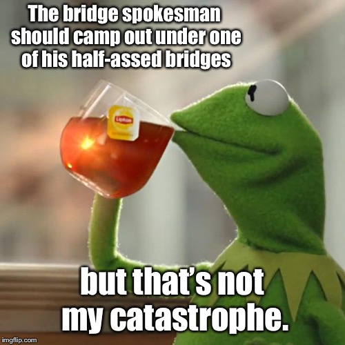 But That's None Of My Business Meme | The bridge spokesman should camp out under one of his half-assed bridges but that’s not my catastrophe. | image tagged in memes,but thats none of my business,kermit the frog | made w/ Imgflip meme maker