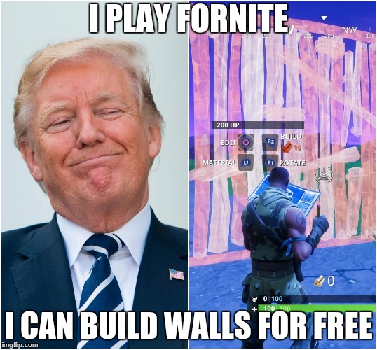 I PLAY FORNITE; I CAN BUILD WALLS FOR FREE | image tagged in donald trump,fortnite | made w/ Imgflip meme maker