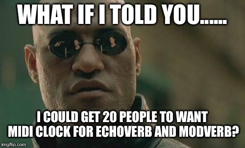 Matrix Morpheus Meme | WHAT IF I TOLD YOU...... I COULD GET 20 PEOPLE TO WANT MIDI CLOCK FOR ECHOVERB AND MODVERB? | image tagged in memes,matrix morpheus | made w/ Imgflip meme maker