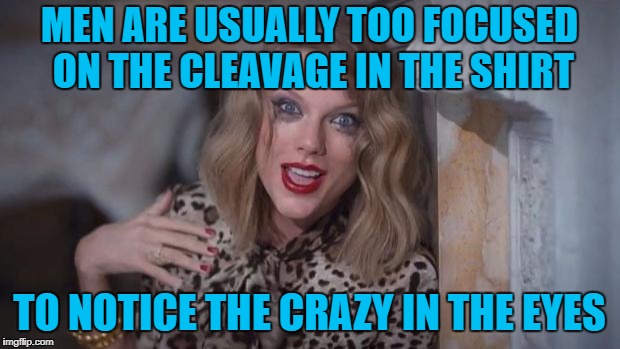 Crazy Hot | MEN ARE USUALLY TOO FOCUSED ON THE CLEAVAGE IN THE SHIRT; TO NOTICE THE CRAZY IN THE EYES | image tagged in taylor swift crazy | made w/ Imgflip meme maker