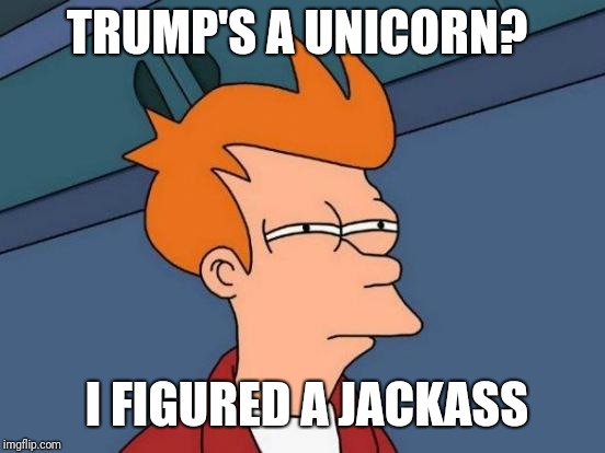 Futurama Fry Meme | TRUMP'S A UNICORN? I FIGURED A JACKASS | image tagged in memes,futurama fry | made w/ Imgflip meme maker