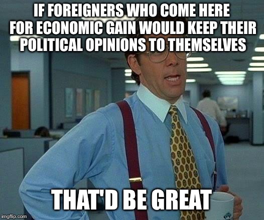 I'm mostly talking to the British  | IF FOREIGNERS WHO COME HERE FOR ECONOMIC GAIN WOULD KEEP THEIR POLITICAL OPINIONS TO THEMSELVES; THAT'D BE GREAT | image tagged in memes,that would be great,politics | made w/ Imgflip meme maker
