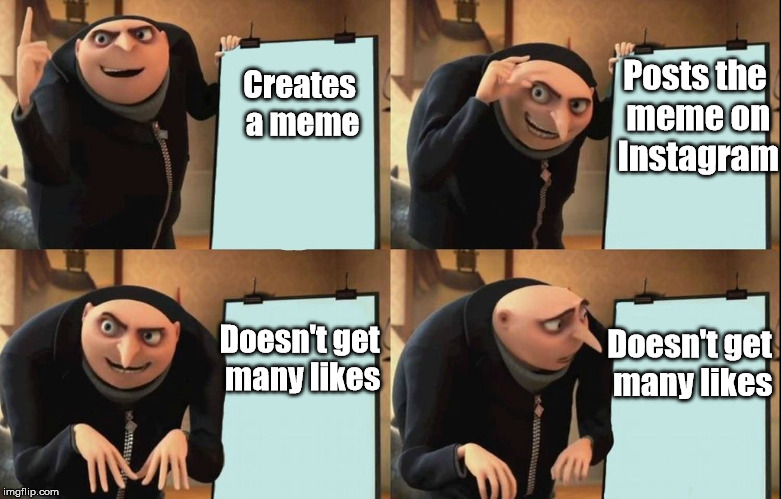 Gru's Plan | Posts the meme on Instagram; Creates a meme; Doesn't get many likes; Doesn't get many likes | image tagged in despicable me diabolical plan gru template | made w/ Imgflip meme maker