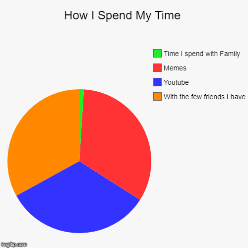 How I Spend My Time | With the few friends I have, Youtube, Memes, Time I spend with Family | image tagged in funny,pie charts | made w/ Imgflip chart maker