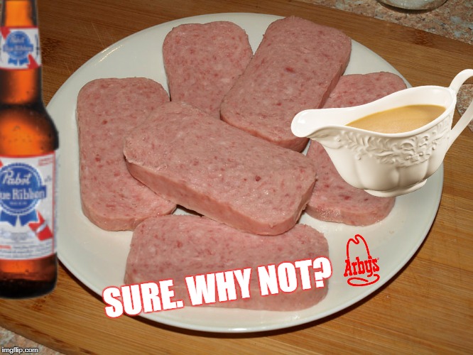 Arby's Spam gravy & Pabst | SURE. WHY NOT? | image tagged in nihilist arby's,hipster,irony | made w/ Imgflip meme maker