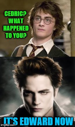 CEDRIC? WHAT HAPPENED TO YOU? IT'S EDWARD NOW | image tagged in harry potter,edward cullen,twilight | made w/ Imgflip meme maker