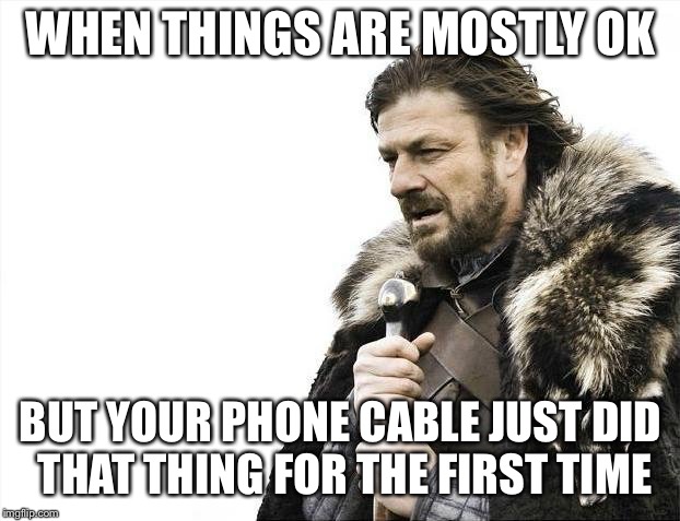 frustration is coming | WHEN THINGS ARE MOSTLY OK; BUT YOUR PHONE CABLE JUST DID THAT THING FOR THE FIRST TIME | image tagged in memes,brace yourselves x is coming,frustration,phone,iphone,charger | made w/ Imgflip meme maker